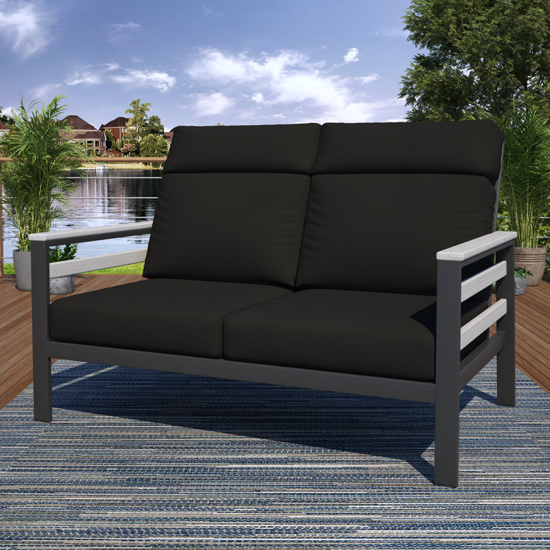 Townsend Metal Outdoor Loveseat With Sunbrella Cushion, Canvas Black, White