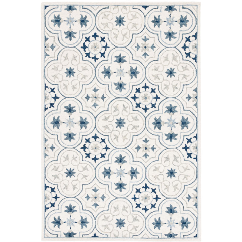 Cendy Micro-Loop Hand Tufted Wool/Cotton Floral Rug in Blue/Ivory, Rectangle 8' x 10'