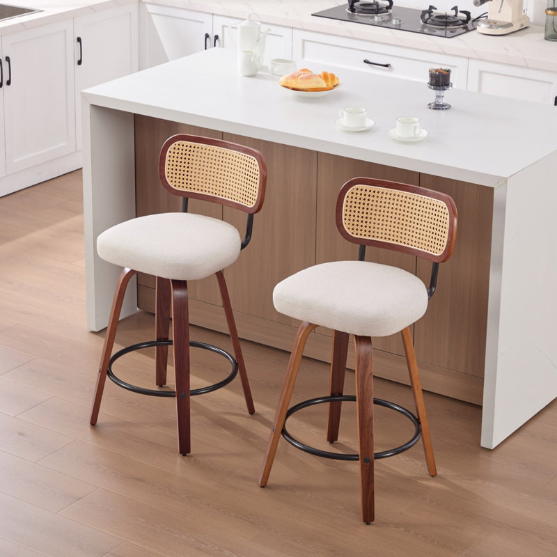 Set of 2 Counter Height Bar Stools, 26-Inch Swivel Stools with Cane Back and Linen Seat, Walnut Wood Kitchen Island Stools with 360-Degree Rotation, 330lb Capacity for Bar and Counter