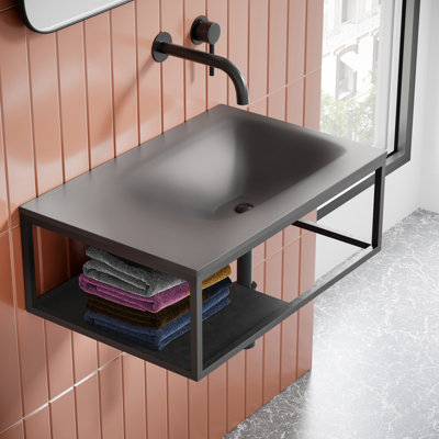 Matte Black Ceramic Rectangular Wall Mount Bathroom Sink with Overflow