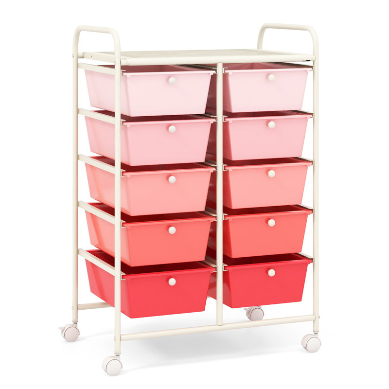 Nally 10 Drawer Storage Drawer with Locking Wheels, Pink/White