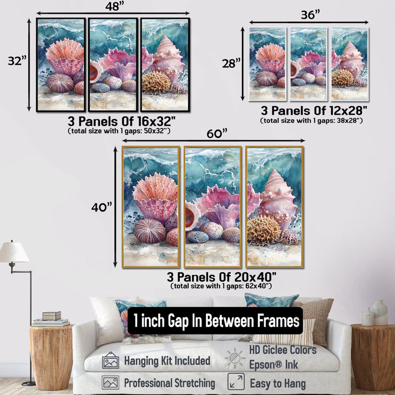 «Pink and Blue Beach Pottery Storm», ensemble de reproductions d'art mural, H 40 po x l 60 po x P 1 po