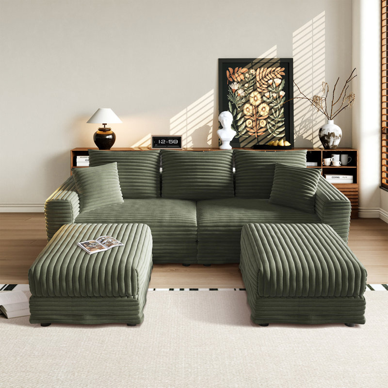102.4 "Plush Corduroy 4-Seat Sofa,Modern Comfy Upholstered Sofa Cloud Couch,Deep Seat Couches With Soft Pillows And Movable Ottoman,Convertible Sofa Lounge Chair,For Living Room,Apartment,Office