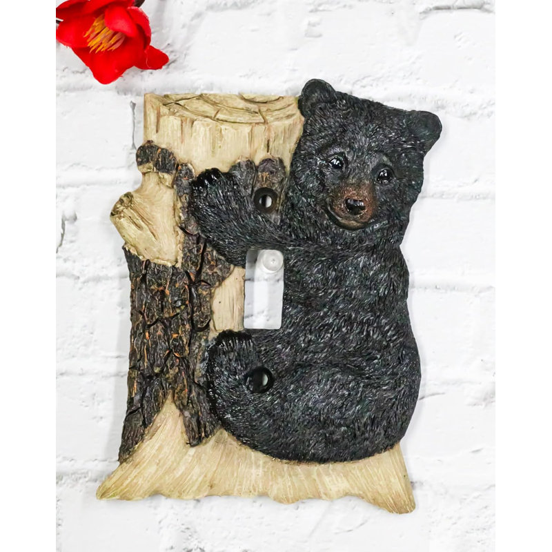 Set Of 2 Rustic Black Bear Cub Climbing On Tree Wall Single Toggle Switch Plates