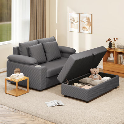 Chaise Lounge Chair Indoor With Storage Ottoman, Oversized Corduroy Lounge Sofa Chair with Wide Armrests & Cup Holder for Bedroom, Living Room by Mercer41