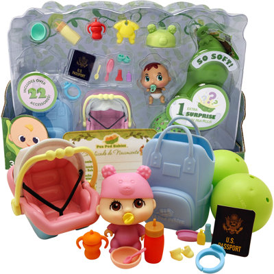 Pea Pod Babies: Little Traveller - 23pc Playset - Poupée miniature surprise, siège d'auto-sac à couches-accessoires, certificat de naissance, jouet Open-Reveal, enfants 3+