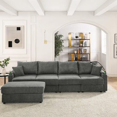 Chaise en velours côtelé gris avec rangement, porte-gobelets et porte-téléphone, chaise de salon en forme de L moderne et support