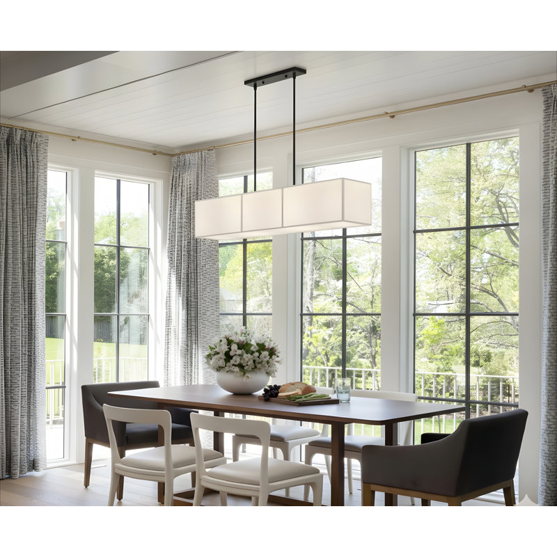 6-light Rectangular Chandelier, Modern Fabric Drum Pendant Light With Bottom Diffuser