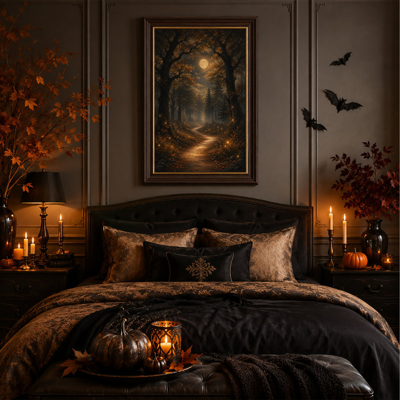 «Autumn Forest Path Under Full Moon with Glowing Halloween», art mural sur toile, H 18 po x l 12 po