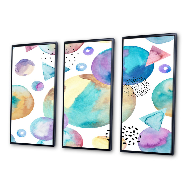 «Retro Triangles, Circles, Polka Dots On White III», ensemble de 3 toiles murales encadrées, Noir, H 32 po x l 48 po x P 1 po