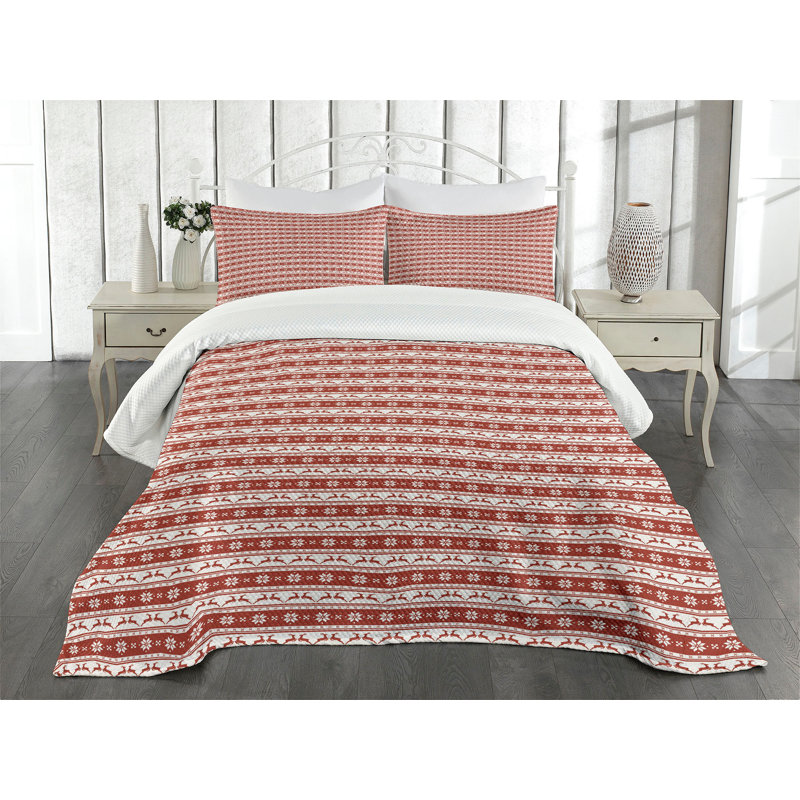 Ambesonne Christmas Bedspread Set Scandinavian Red White, King Bedspread + 2 Standard Shams