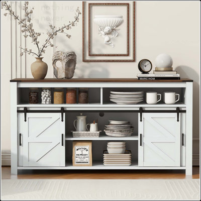 Farmhouse Sliding Barn Door Sideboard with Mesh Panels and Open Storage