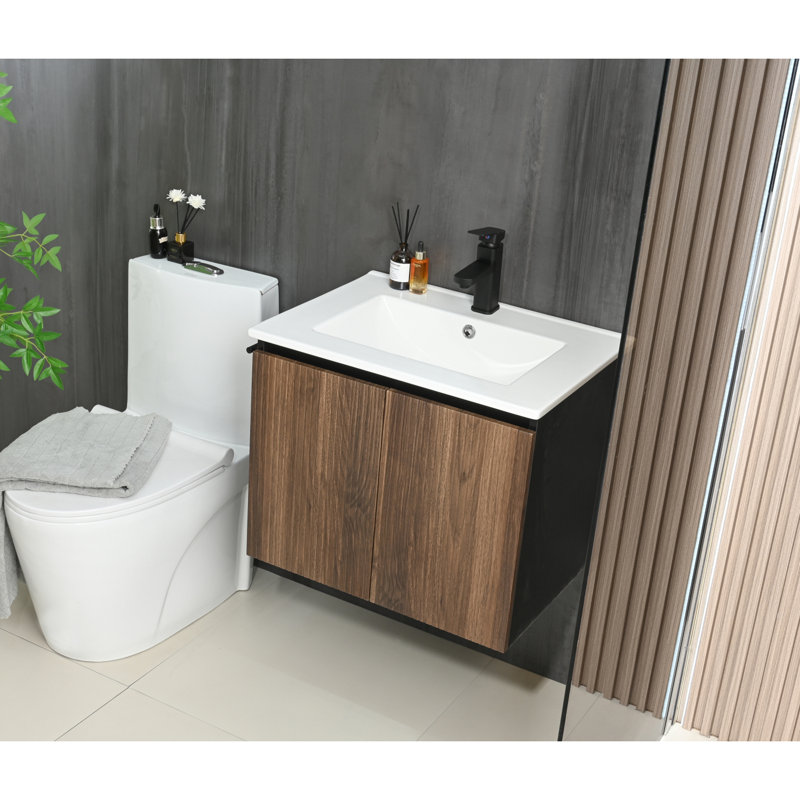 Meuble-lavabo mural 24 po avec porte-serviettes noir, Noyer foncé