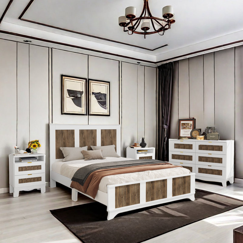 Ensemble de chambre à coucher Ellye avec lit plateforme, 2 tables de chevet et 1 commode, Grand lit, Blanc