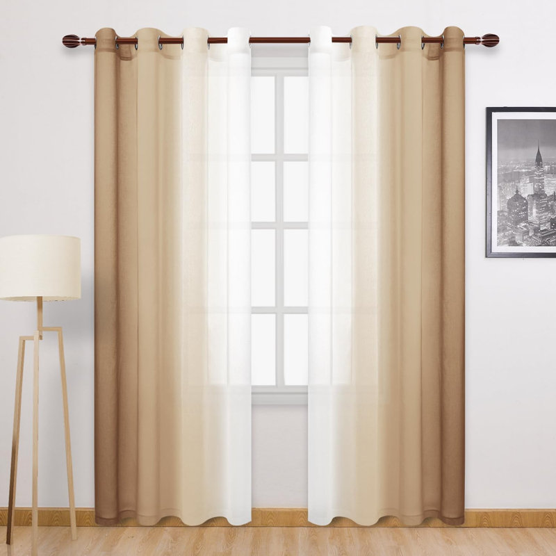 2 Panels Ombre Sheer Curtains Faux Linen Semi Voile Gradient Farmhouse Style Curtains, Grommet Top Window Drape Panels for Bedroom and Living Room