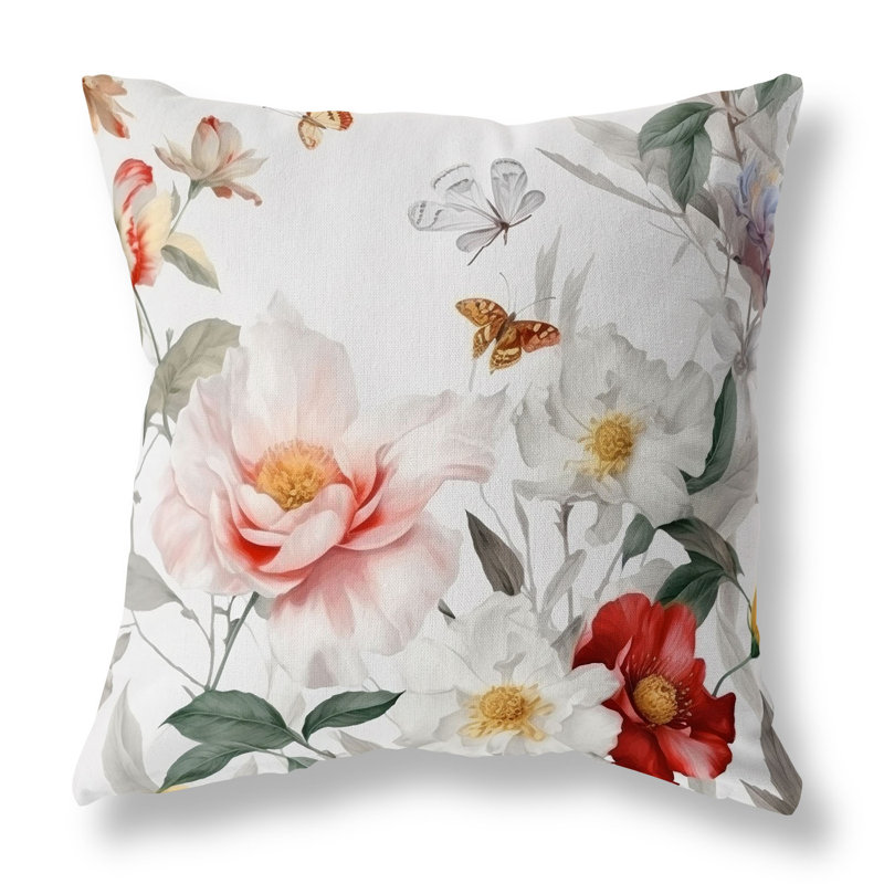 Coussin décoratif réversible Leafy Lepidoptera Medley, H 18 po x l 18 po, Blanc / Vert / Rouge