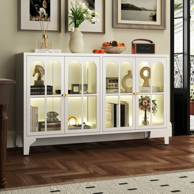 53.2" W Metal Sideboard Buffet Cabinet With Glass Door, Adjustable Shelves, COB LED Light