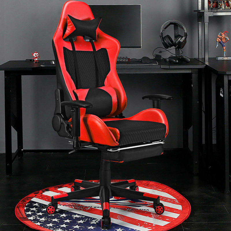 Inbox Zero Adjustable Reclining Faux Leather PC & Racing Game Chair with Footrest, Red/Black