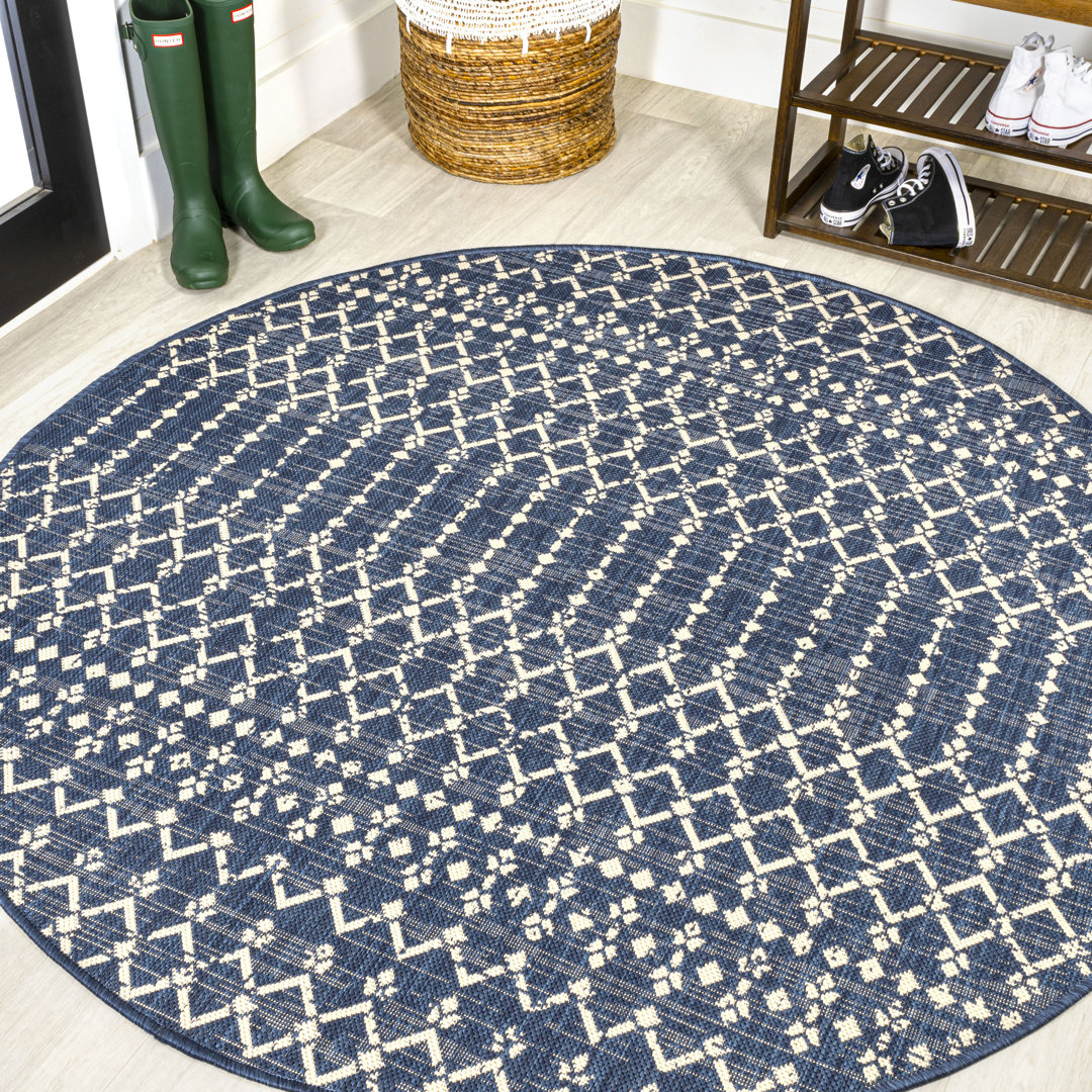 Krystina Moroccan Geometric Textured Weave Navy/Beige Indoor/Outdoor Rug Dakota Fields Rug 