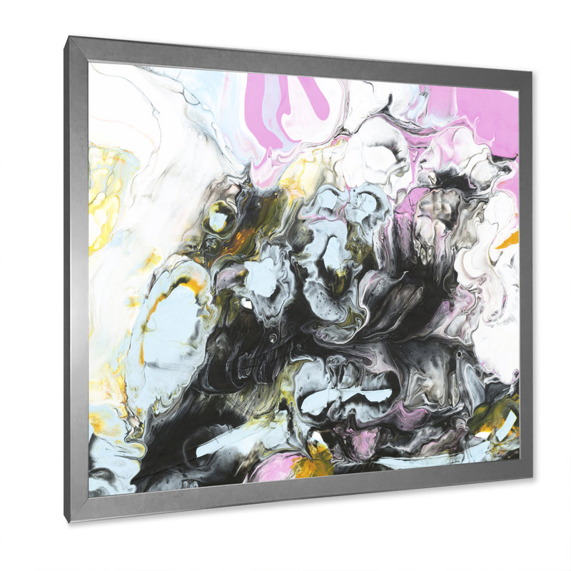Noir et rose sur blanc - reproduction d'art moderne sur toile, Cadre argenté, H 31,5 po x l 30 po
