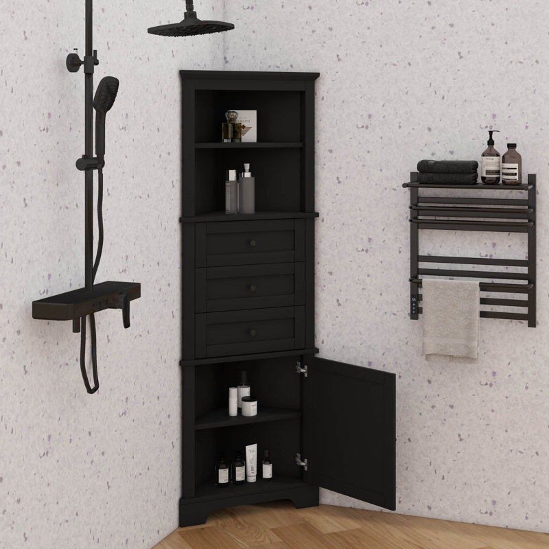 Armoire de coin triangulaire avec trois tiroirs et tablettes réglables, Noir