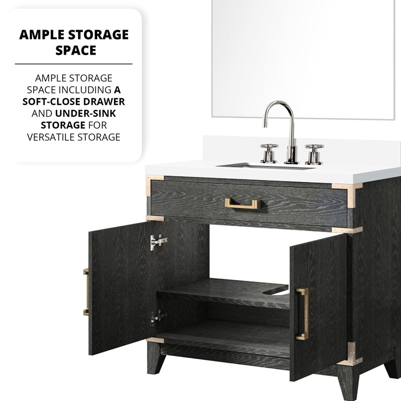 Meuble-lavabo en chêne noir l 36 po x P 22 po, comptoir en quartz blanc, robinet, baignoire l 36 po avec comptoir poli et ensemble