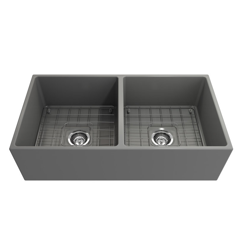 36'' L Double Basin Kitchen Sink, Matte Gray