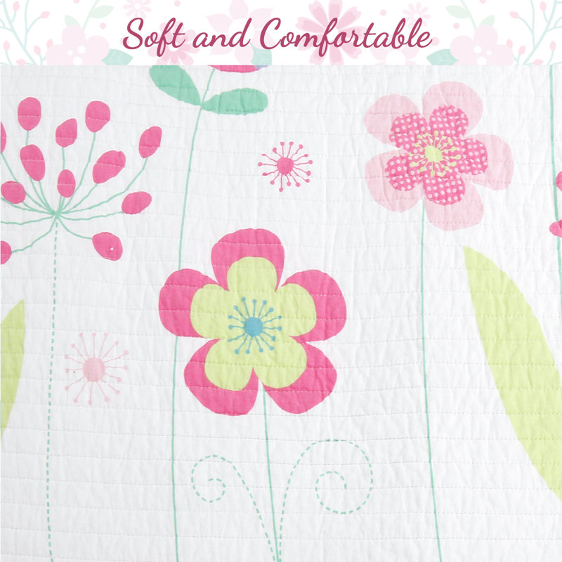 Pink Floral Cotton Reversible Twin Quilt Set with Decorative Pillows