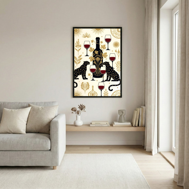Ensemble de 1 tableau sur toile tendue à motif léopard et bouteille de vin, H 24 po x l 16 po