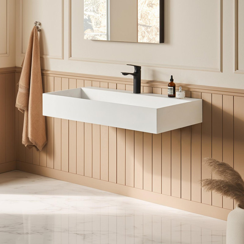 Solid Surface Wall Mount Rectangle Matte White Vessel Sink with Faucet Hole