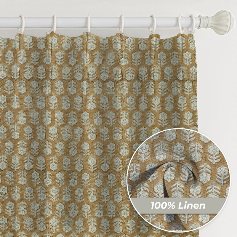Fabdivine Floral Pattern Block Print Drape Room Darkening 27x89 Inches, Handmade Thick Linen, Brown  Home Décor Pleated Pinch Curtains for Stylish Blackout or Office, Tulsi Buti