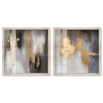 Gold Abyss Duet Shadowbox Print Black Gold Wall Art Set by Art Remedy, Blonde Frame, 24 x 24