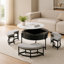 Table basse ronde moderne à plateau relevable avec rangement et 3 poufs, blanche et noire, idéale pour les espaces de vie contemporains.