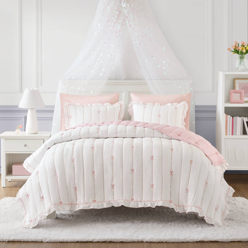 Ensemble de literie en microfibre Youthful, motif de broderie à nœud rose, décor de chambre romantique