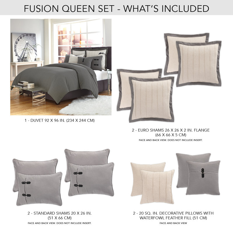 Fusion Duvet Set - Gray, Queen Duvet Cover + 4 Shams + 2 Throws Pillows