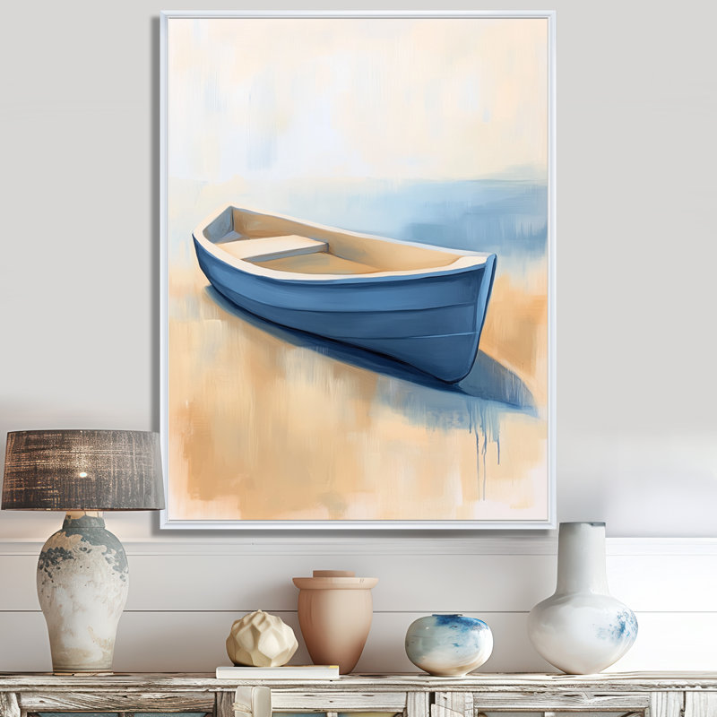 Petit bateau bleu - Décoration murale encadrée sur le thème côtier, H 44 po x l 34 po, Cadre flottant blanc
