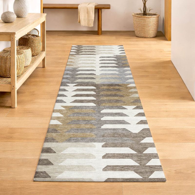 Premium Machine Washable Mayfield AMF2328 Geometric Rug, 2'3" x 7'6" Runner, Taupe
