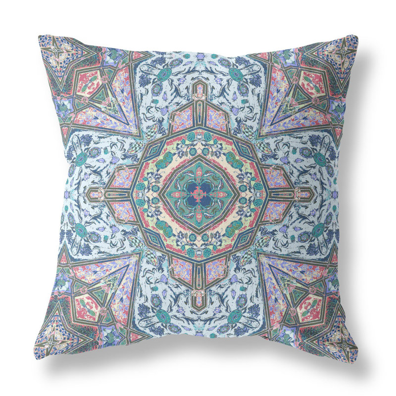 Coussin décoratif 16 po en suède de fleurs bleu clair Boho, Bleu / rose