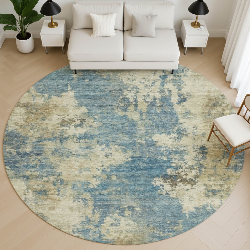 Premium Machine Washable Mayfield AMF2066 Abstract Rug, Blue, 8' Round