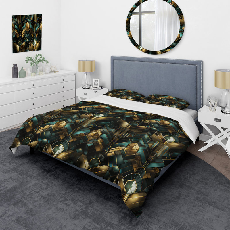 Ensemble de housse de couette motif émeraude et or Art Deco II, Housse de couette simple + 1 taie décorative stan