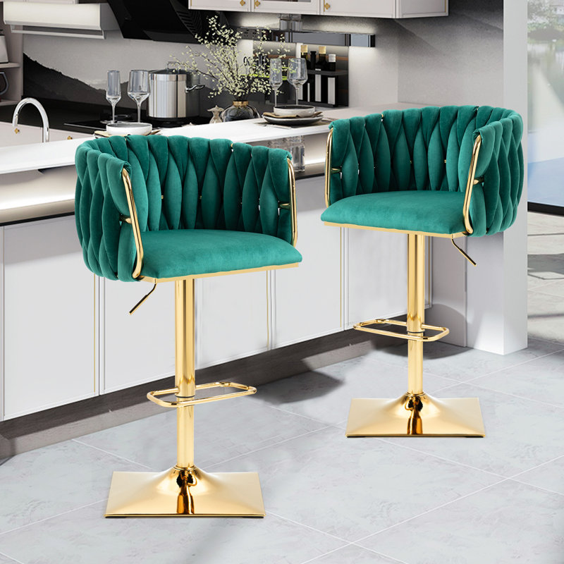 Heidel Swivel Upholstered Velvet Adjustable Height Bar Stool with Iron Frame, Green