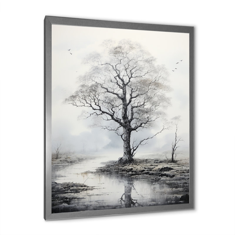 Minimalisme, arbre gris, solitude I, paysage, art mural, salon, H 44 po x l 34 po x P 1,5 po, Cadre photo argenté