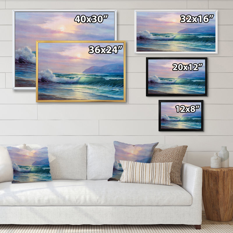 «Beautiful Green Ocean Sunset And Waves», reproduction sur toile flottante, H 8 po x l 12 po x P 1 po, Cadre flottant blanc