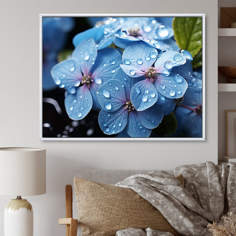 Attif fleurs sérénade en bleu - imprimé, H 34 po x l 44 po x P 1,5 po, Cadre flottant blanc