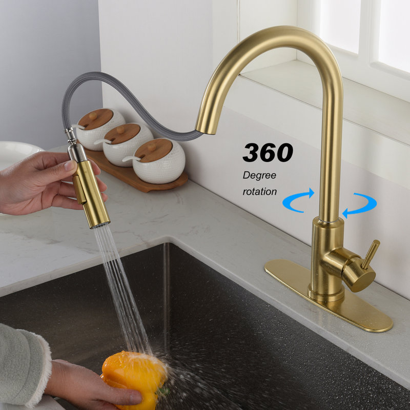 Robinet de cuisine Abrah avec touche tactile et rétractable, levier unique pour un réglage simple du débit de la température de l'eau, buse à arc élevé tournant sur 360 °, traitement de corrosion en acier inoxydable or brossé, aérateurs A