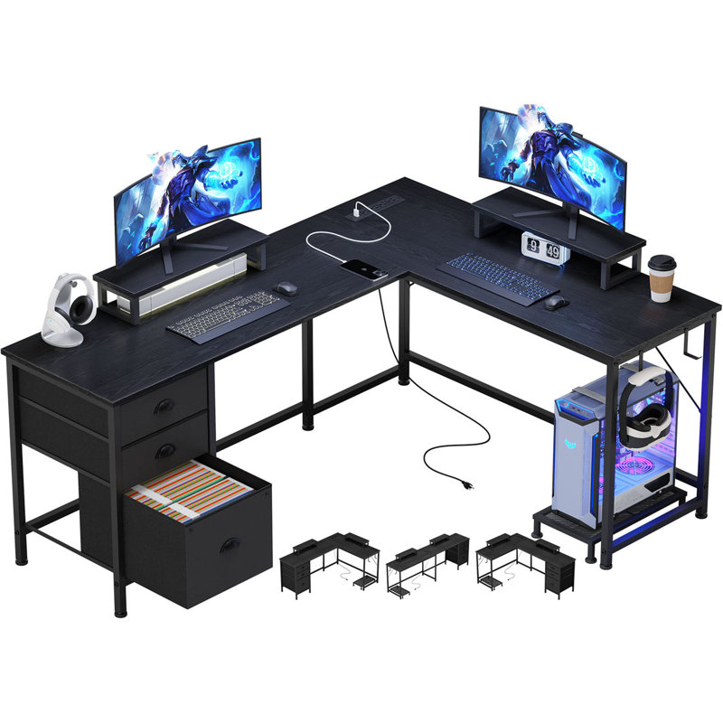 Morihisa L Shaped Desk, 94.5" Reversible Computer Gaming Desk With 3 Drawers, Corner Desk With 2 Monitor Stand, Home Office Desk Workstation