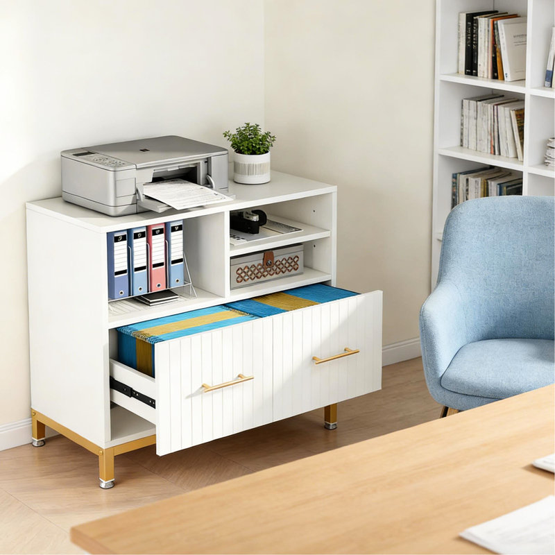 Classeur polyvalent avec tiroir, rangement ouvert et présentoir supérieur, fabriqué en métal doré E1, profondeur de 36,48 pouces, largeur de 16,07 po, tringle de rangement stable réglable en hauteur de 30,14 po, 3 espaces de rangement