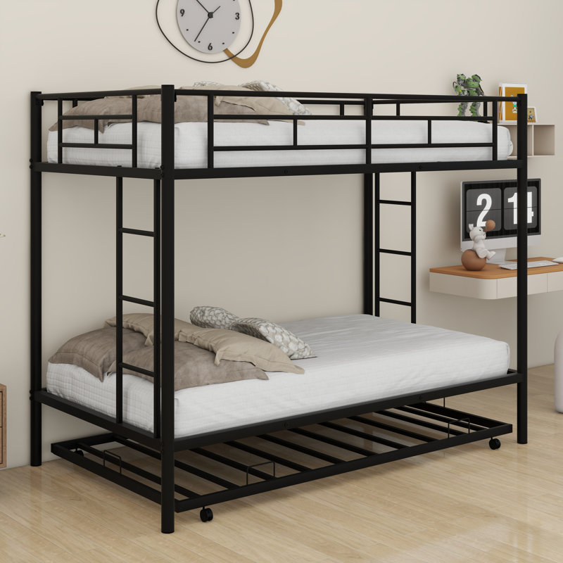 Lit superposé en métal avec couchette simple au-dessus d'un lit simple avec échelles et rails de sécurité, Noir