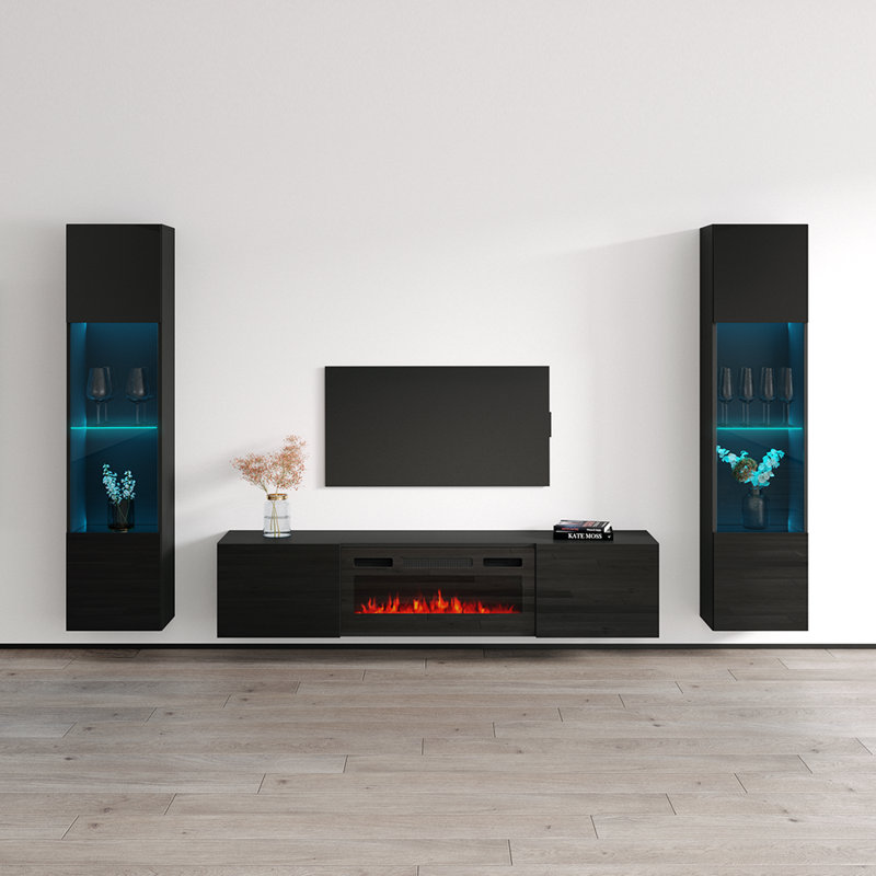 Breeahna 103.6" Modern Entertainment Centre with Electric Fireplace, High Gloss Finish, Wall-Mounted, Black