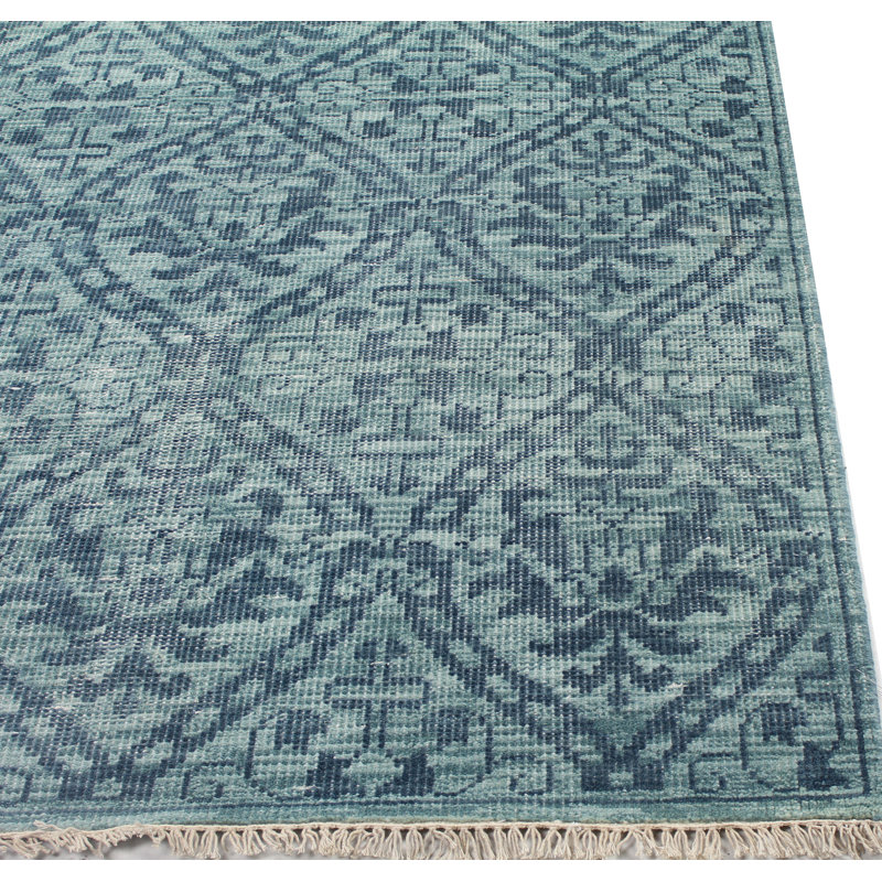 Large Blue Wool Geometric Hand-Knotted Area Rug